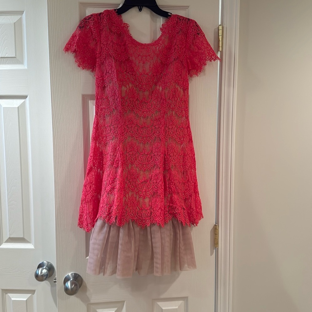 Pink lace dress with tan underlay